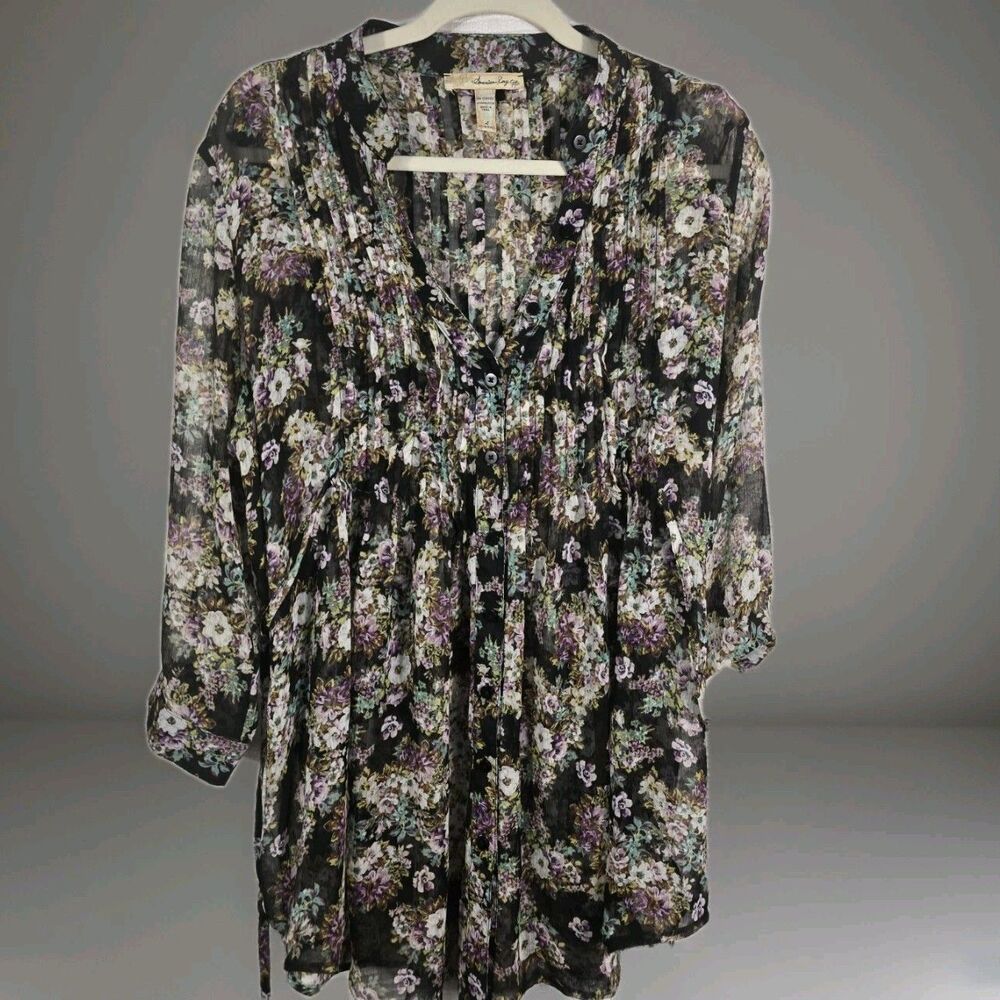 American Rag Floral Tunic Blouse Large 3/4 Roll Tab Sleeve Pleated Tie Waist GC